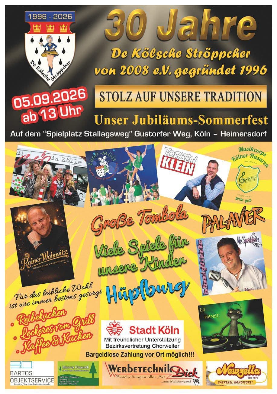 Plakat: 30 Jahre De Kölsche Ströppcher – Jubiläums-Sommerfest am 05.09.2026 ab 13 Uhr auf dem Spielplatz Stallagsweg, Gustorfer Weg, Köln-Heimersdorf