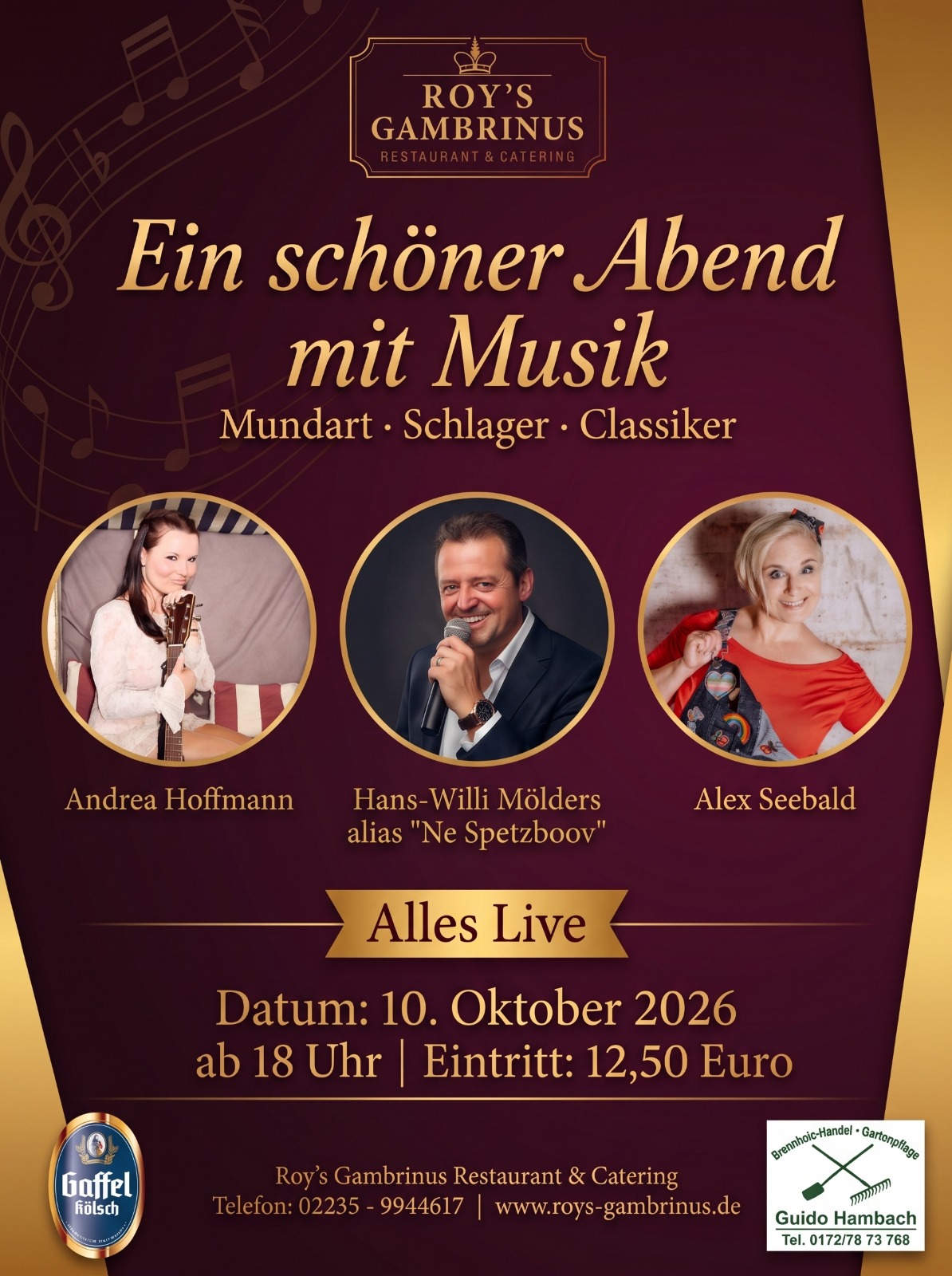 Plakat: „Ein schöner Abend mit Musik" – Mundart, Schlager, Classiker mit Andrea Hoffmann, Hans-Willi Mölders alias „Ne Spetzboov" und Alex Seebald am 10. Oktober 2026 ab 18 Uhr im Roy’s Gambrinus, Eintritt 12,50 Euro