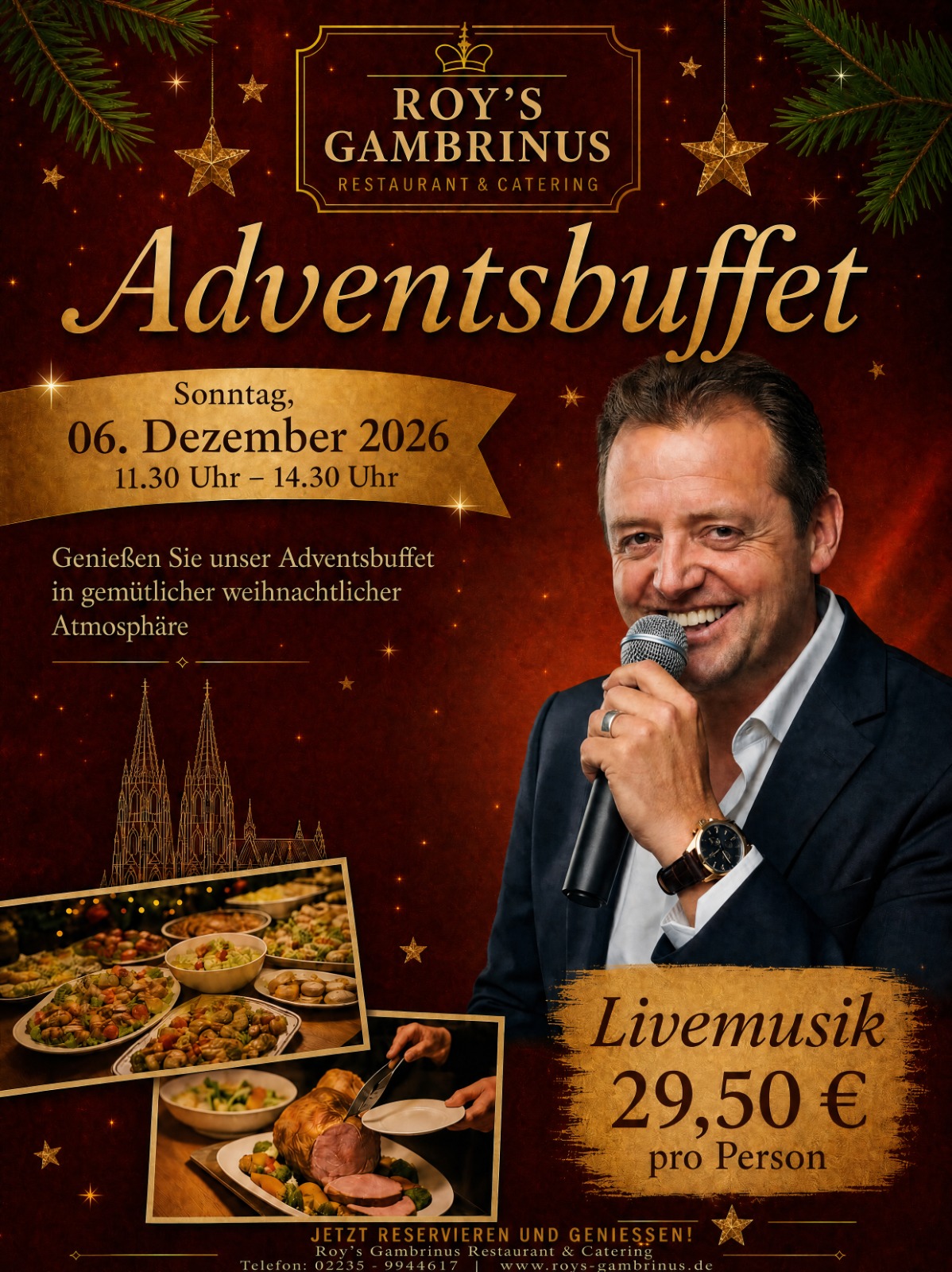 Plakat: Adventsbuffet mit Livemusik am Sonntag, 06. Dezember 2026, 11.30–14.30 Uhr im Roy’s Gambrinus