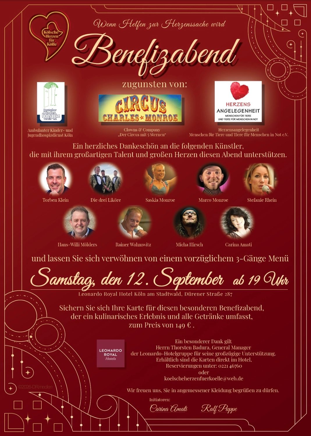 Plakat: Benefizabend „Kölsche Herzen für Kölle" am Samstag, 12. September ab 19 Uhr im Leonardo Royal Hotel Köln am Stadtwald, Dürener Straße 287 – mit Hans-Willi Mölders
