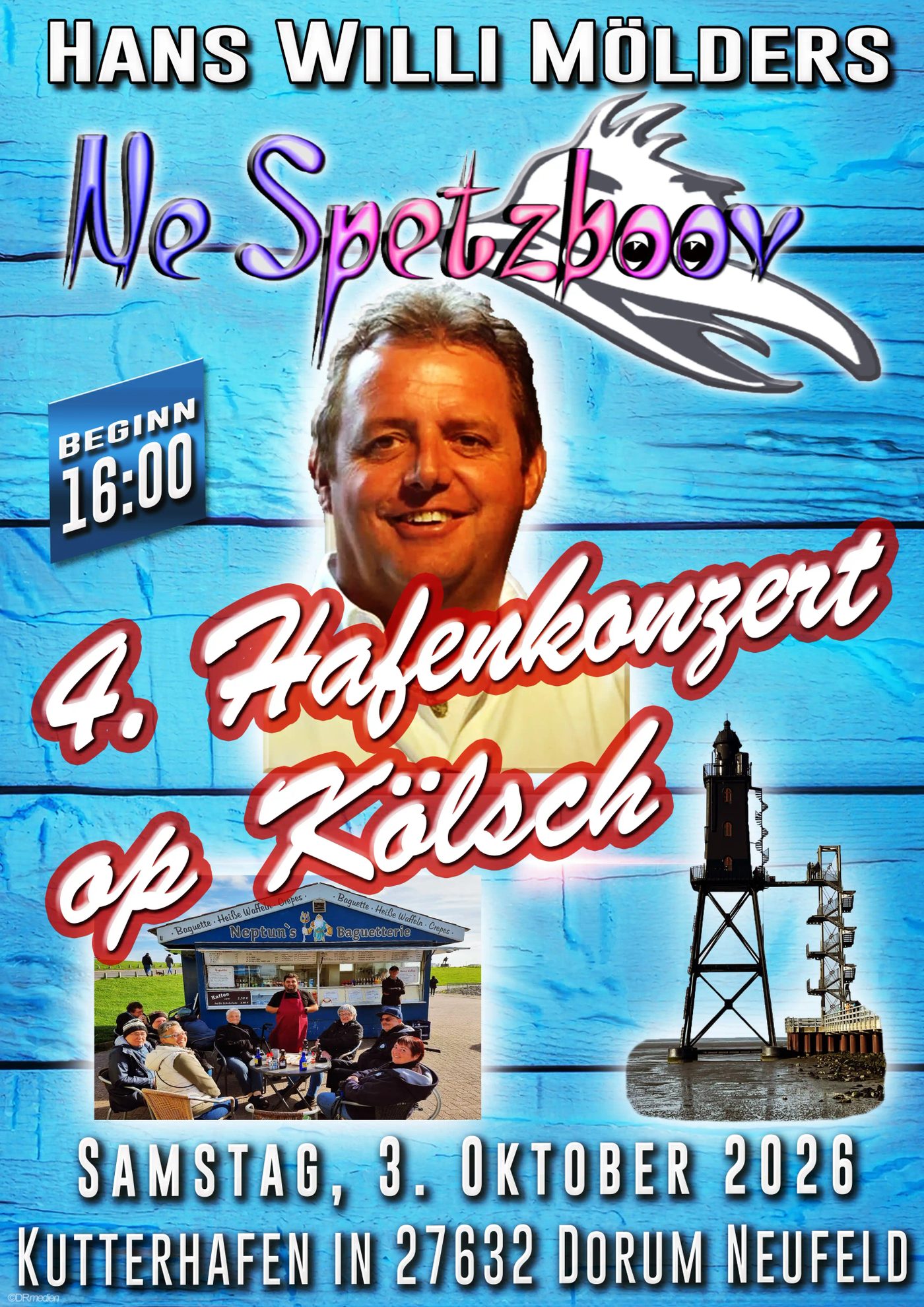 Plakat: 4. Hafenkonzert op Kölsch mit Hans Willi Mölders – Ne Spetzboov, Samstag 3. Oktober 2026, Beginn 16:00 Uhr, Kutterhafen in 27632 Dorum Neufeld