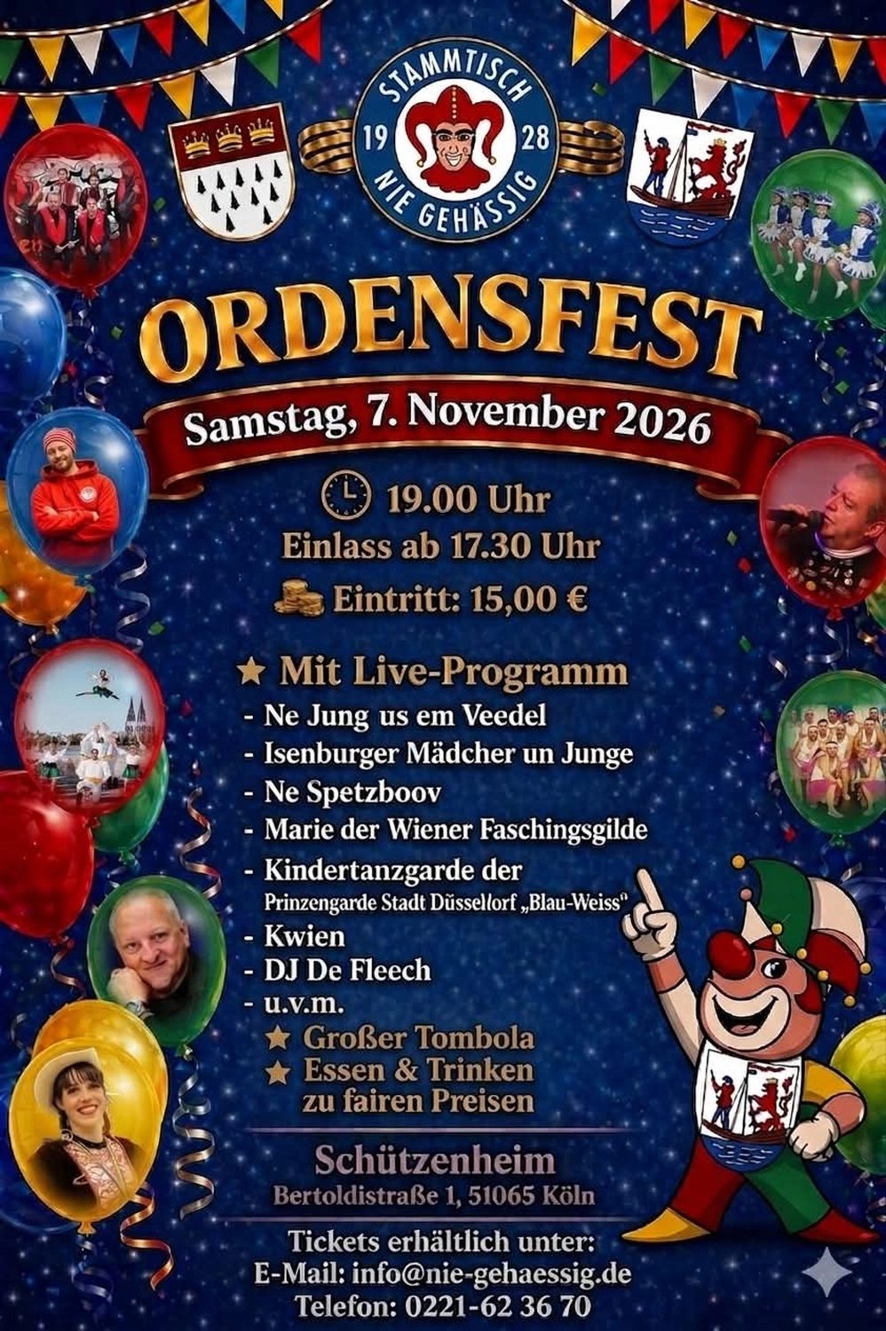 Plakat: Ordensfest des Stammtischs „Nie Gehässig" am Samstag, 7. November 2026, 19.00 Uhr im Schützenheim, Bertoldistraße 1, 51065 Köln – mit Ne Spetzboov im Live-Programm