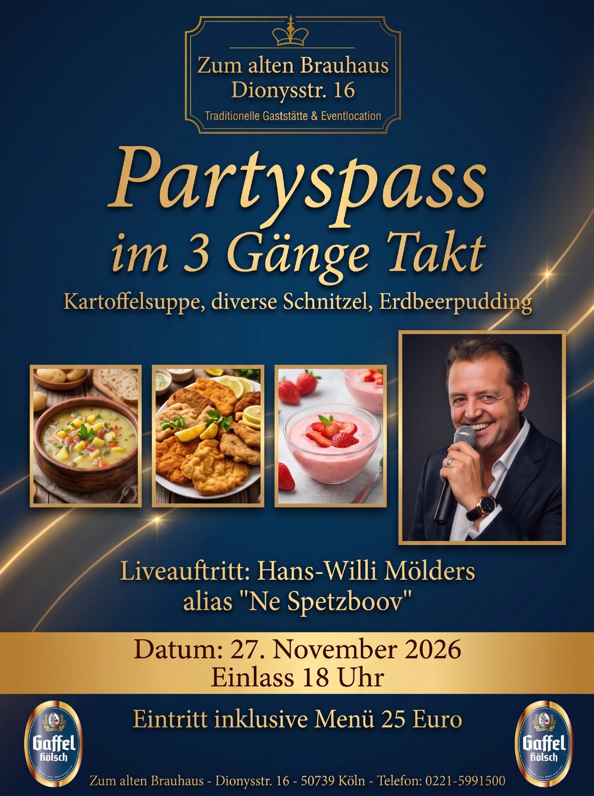 Plakat: „Partyspass im 3 Gänge Takt" im Zum alten Brauhaus, Dionysstr. 16 – Kartoffelsuppe, diverse Schnitzel, Erdbeerpudding, Liveauftritt von Hans-Willi Mölders alias „Ne Spetzboov", Datum 27. November 2026, Einlass 18 Uhr, Eintritt inklusive Menü 25 Euro