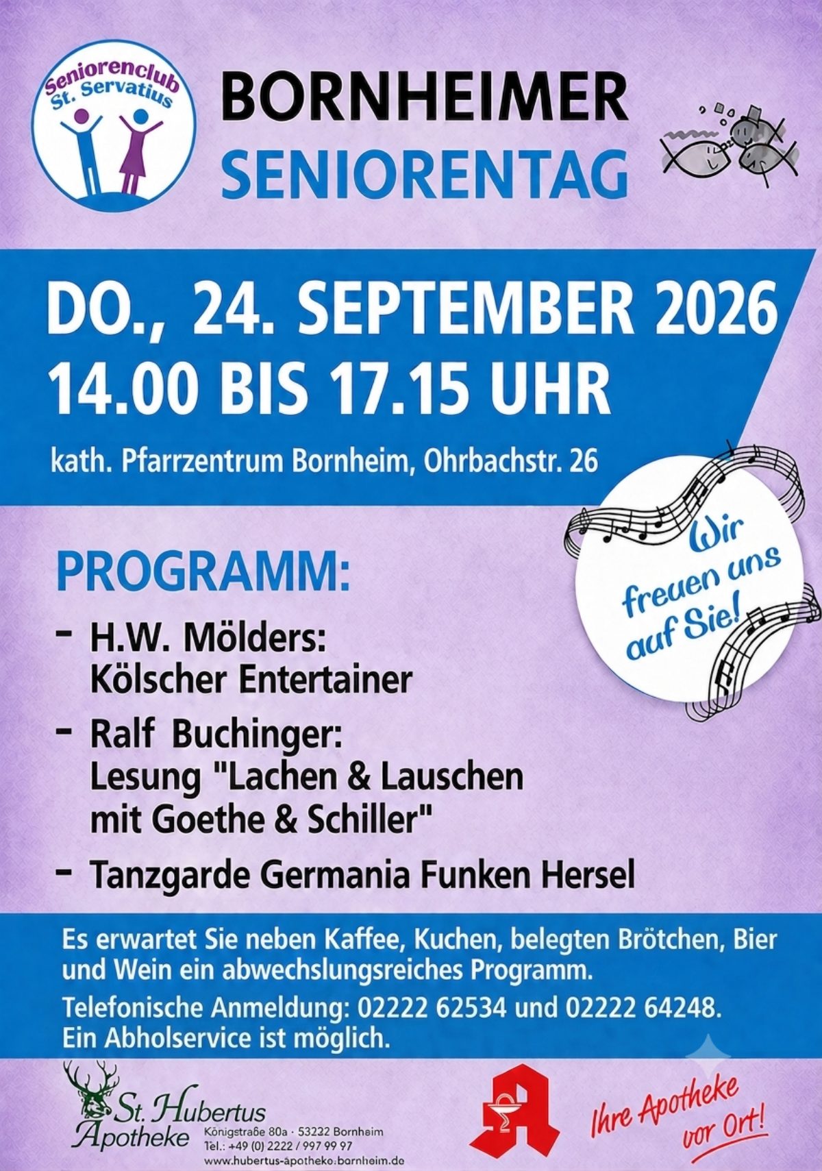 Plakat: Bornheimer Seniorentag des Seniorenclubs St. Servatius am Donnerstag, 24. September 2026, 14.00 bis 17.15 Uhr im kath. Pfarrzentrum Bornheim, Ohrbachstr. 26 – Programm mit H.W. Mölders (kölscher Entertainer), Ralf Buchinger und der Tanzgarde Germania Funken Hersel